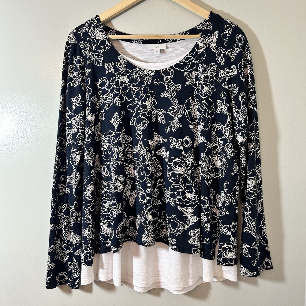 J.Jill Blouse Women's Small Layered Navy Blue Floral Butterfly Cottagecore